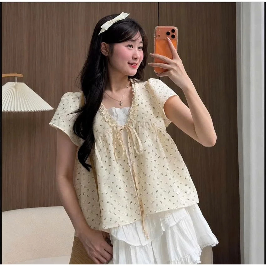 Áo babydoll Hoa Nhí cho Nữ dễ thương chất đũi hàn tay ngắn phối ren bèo 2 lớp nhiều màu hot trend.