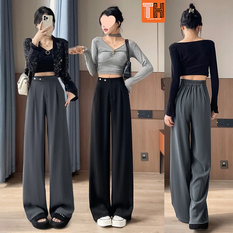 Quần ống rộng nữ lưng cao,thun sau dáng suông phối 2 nút sắt dộc đáo WQ58