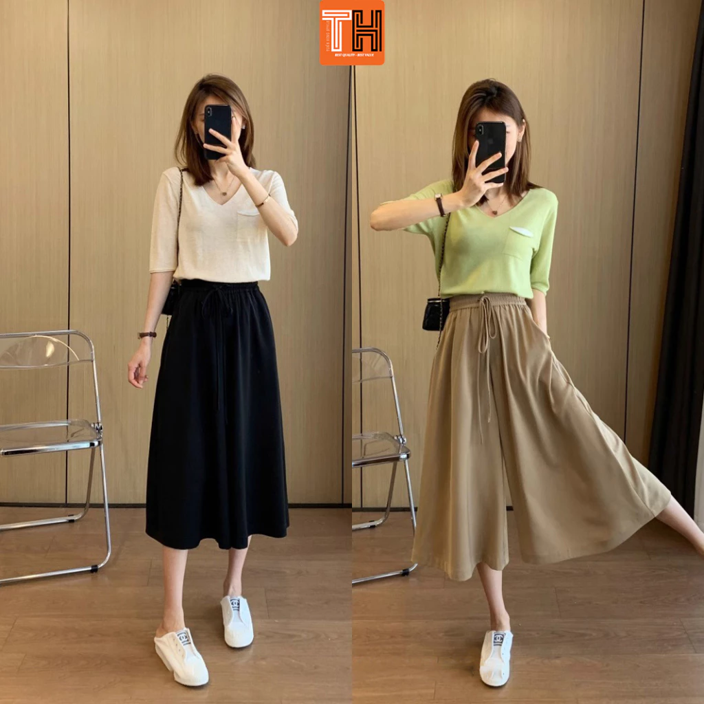 Quần lửng ống rộng nữ lưng thun cao dáng xòe phối dây rút siêu cuốn hút WQ59