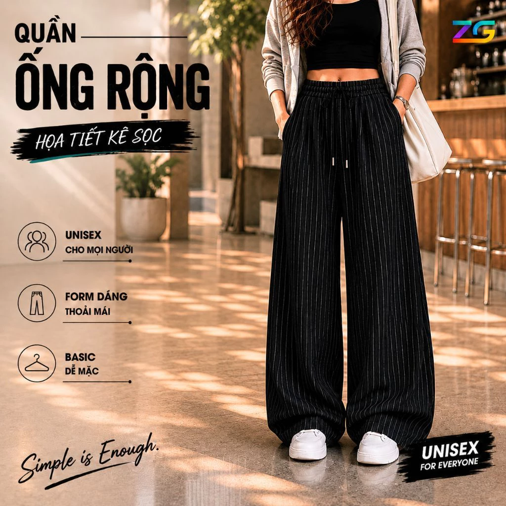 Quần ống rộng kẻ sọc form quần ống suông unisex vải không nhăn mềm WQ62