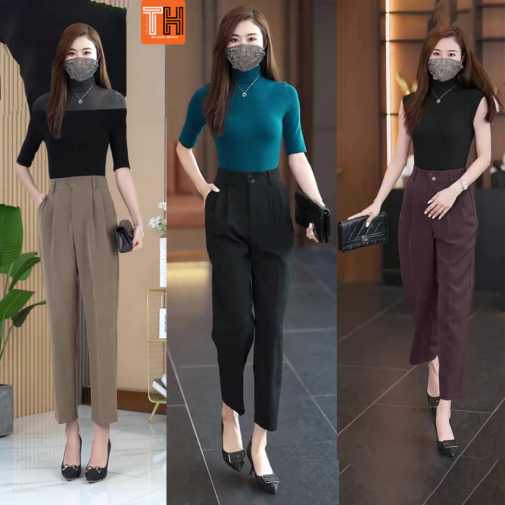 Quần tây baggy nữ lưng cao thun sau thiết kế 2 cúc lệch xinh xắn