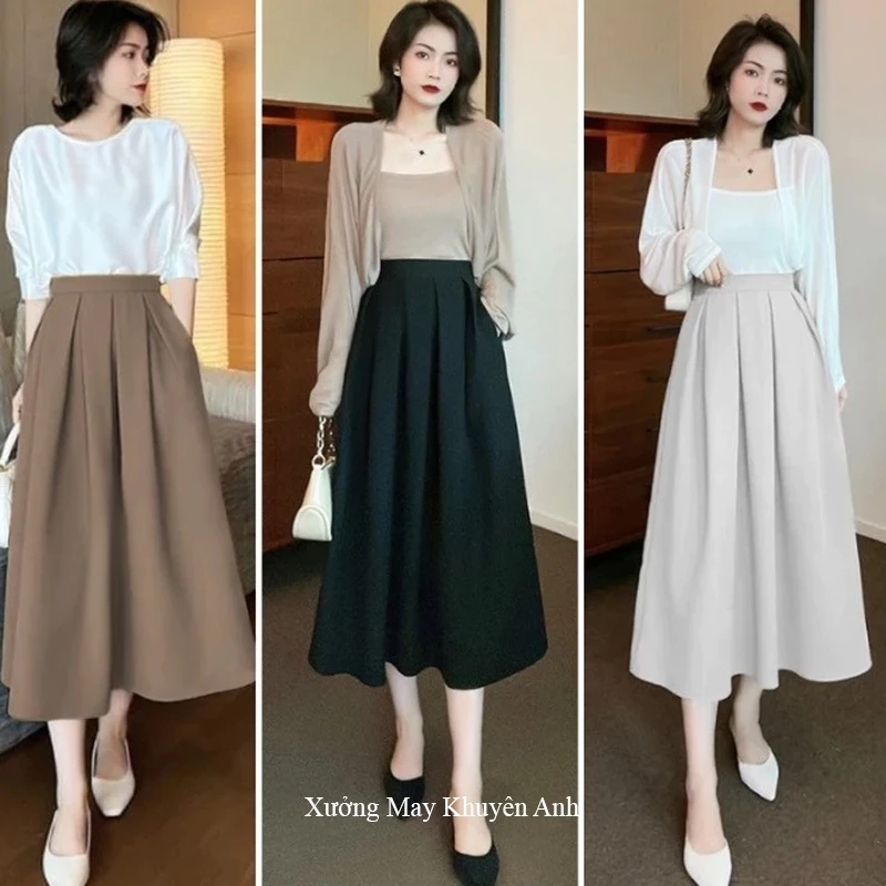 Chân váy xếp ly CÓ TÚI dài bồng bềnh qua gối cạp cao khóa hông dáng chân váy dài che bụng mỡ nữ đi tiệc hẹn hò công sở