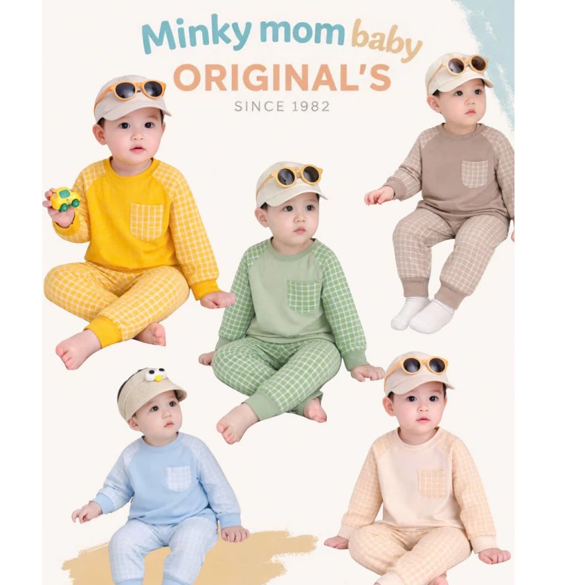 Bộ Dài Tay THUN LẠNH MINKY MOM Thân Áo Giáp Lăng Túi Ngực Phối Caro Cho Bé Đi Học Đi Chơi TD-IN108