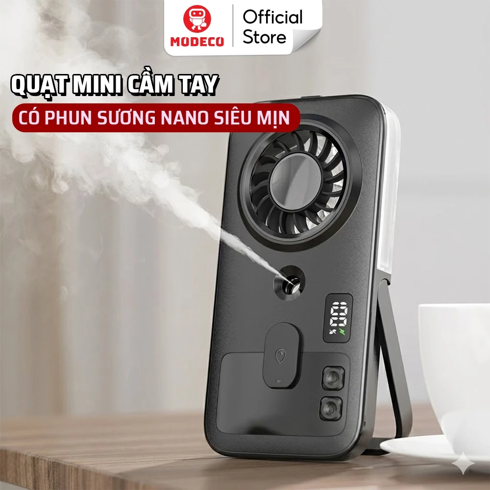 Quạt Cầm Tay Phun Sương Nano Modeco Cao Cấp - Làm Mát Nhanh, Màn Hình LED, Gió Mạnh Siêu Tốc