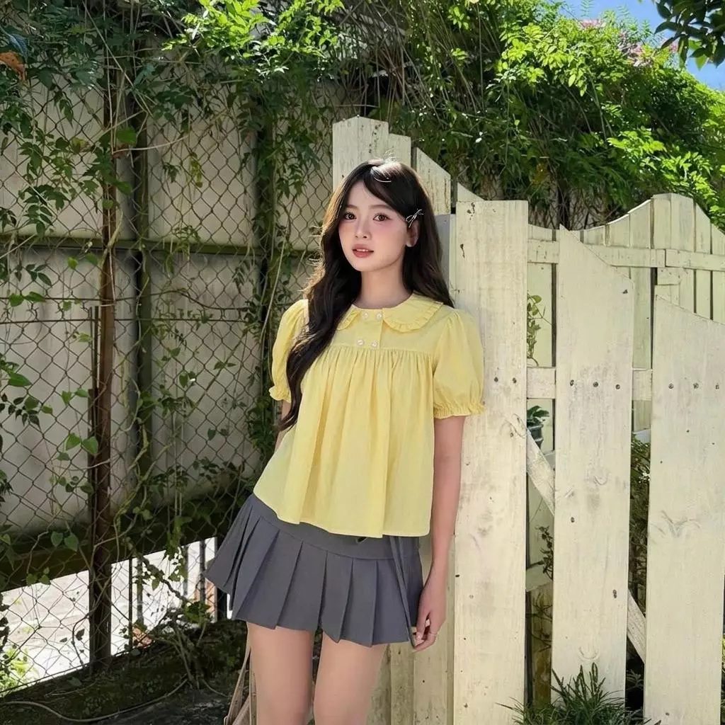XẢ KHO NGHỈ BÁN Áo sơ mi kiểu nữ SM430 Kozoda chất gió hàn họa tiết babydoll dáng vừa tiểu thư ngắn tay form vừa