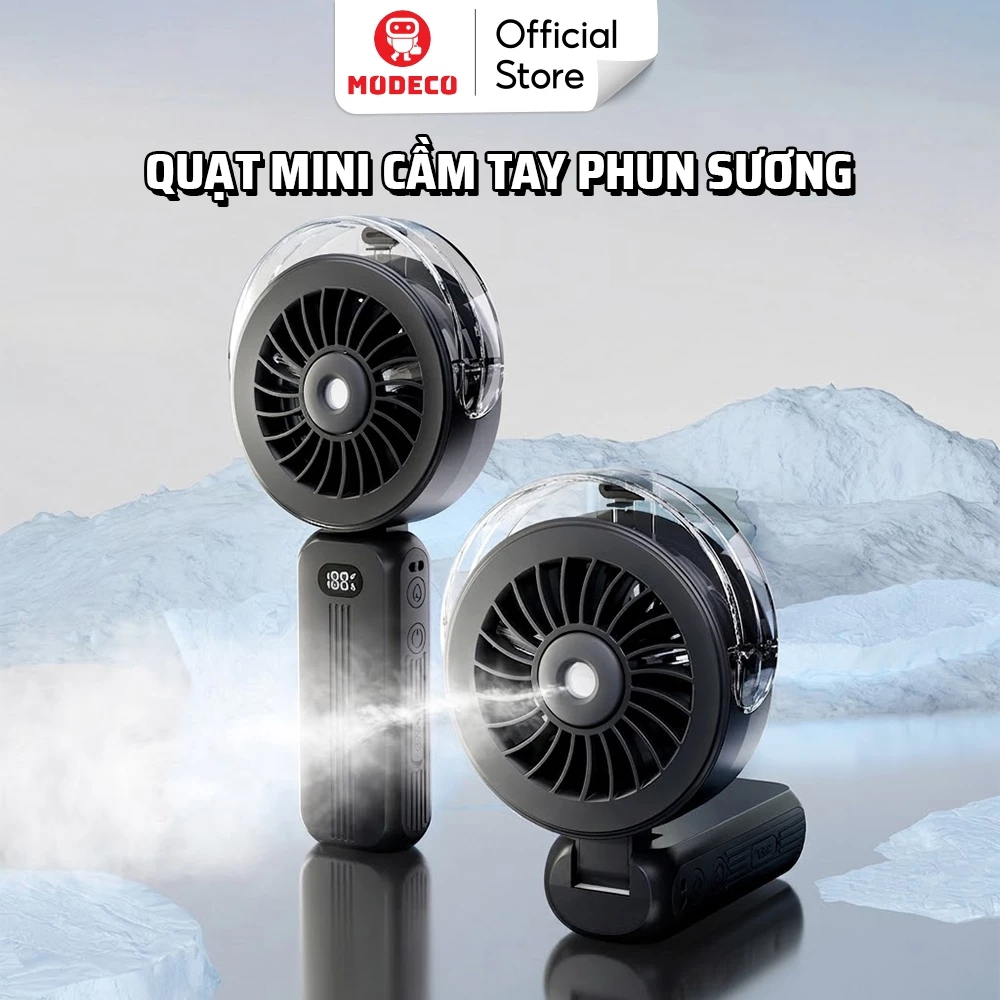Quạt Mini Cầm Tay Phun Sương Nano Modeco Cao Cấp – Làm Mát Nhanh, Gió Mạnh, Màn Hình LED, Pin Sạc Dung Lượng Lớn