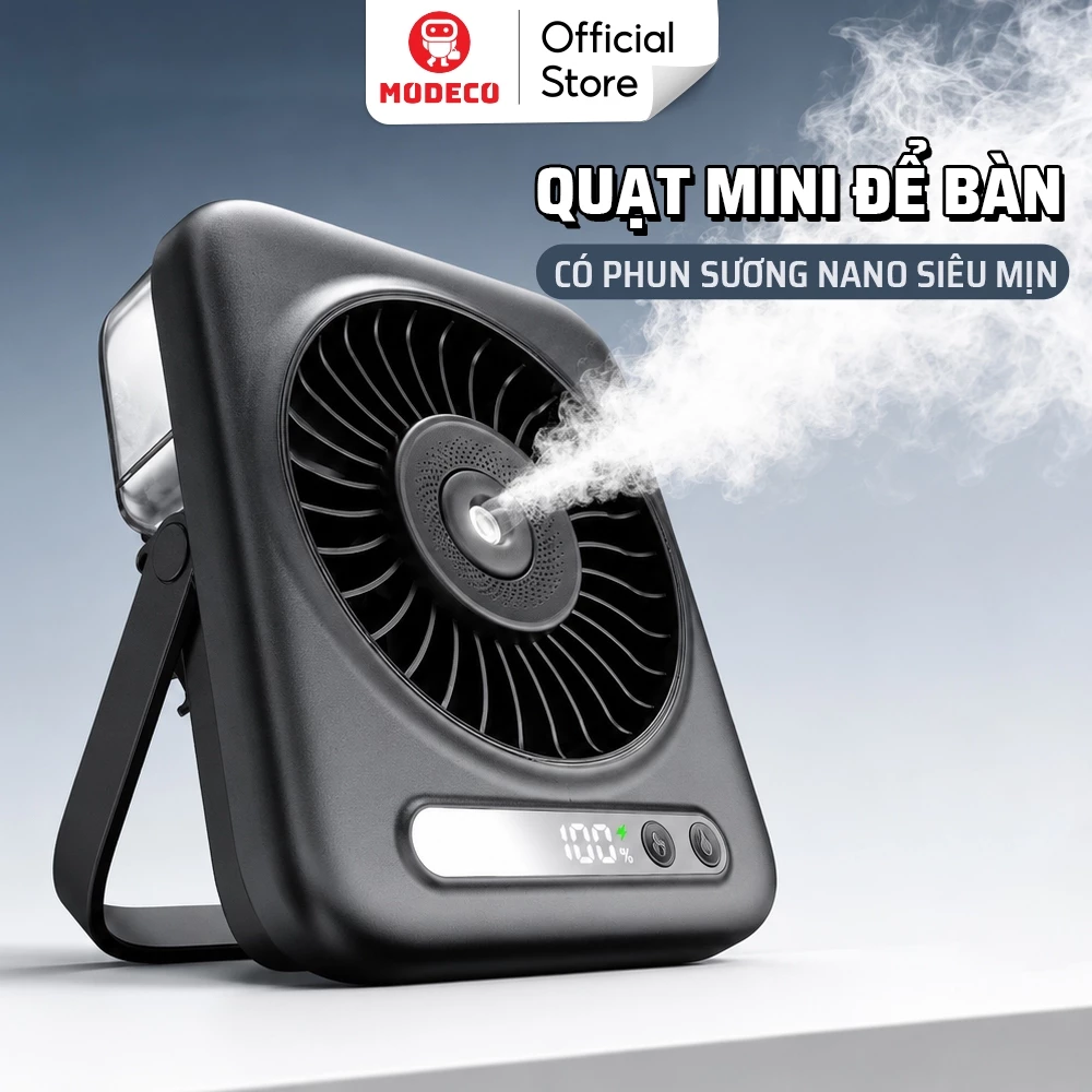 Quạt Mini Để Bàn Có Phun Sương Modeco - Làm Mát Nhanh, Pin Trâu 4000mAh, Siêu Êm Cho Văn Phòng