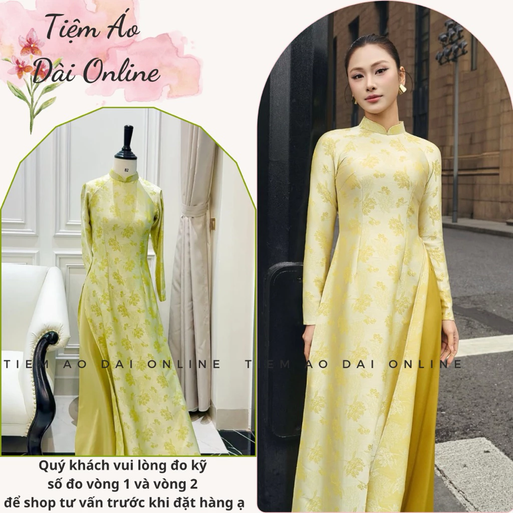 Áo Dài Nữ Tay Dài Cổ Cao Hoa Nhí Vàng Kem Dịu Dàng Quý Phái