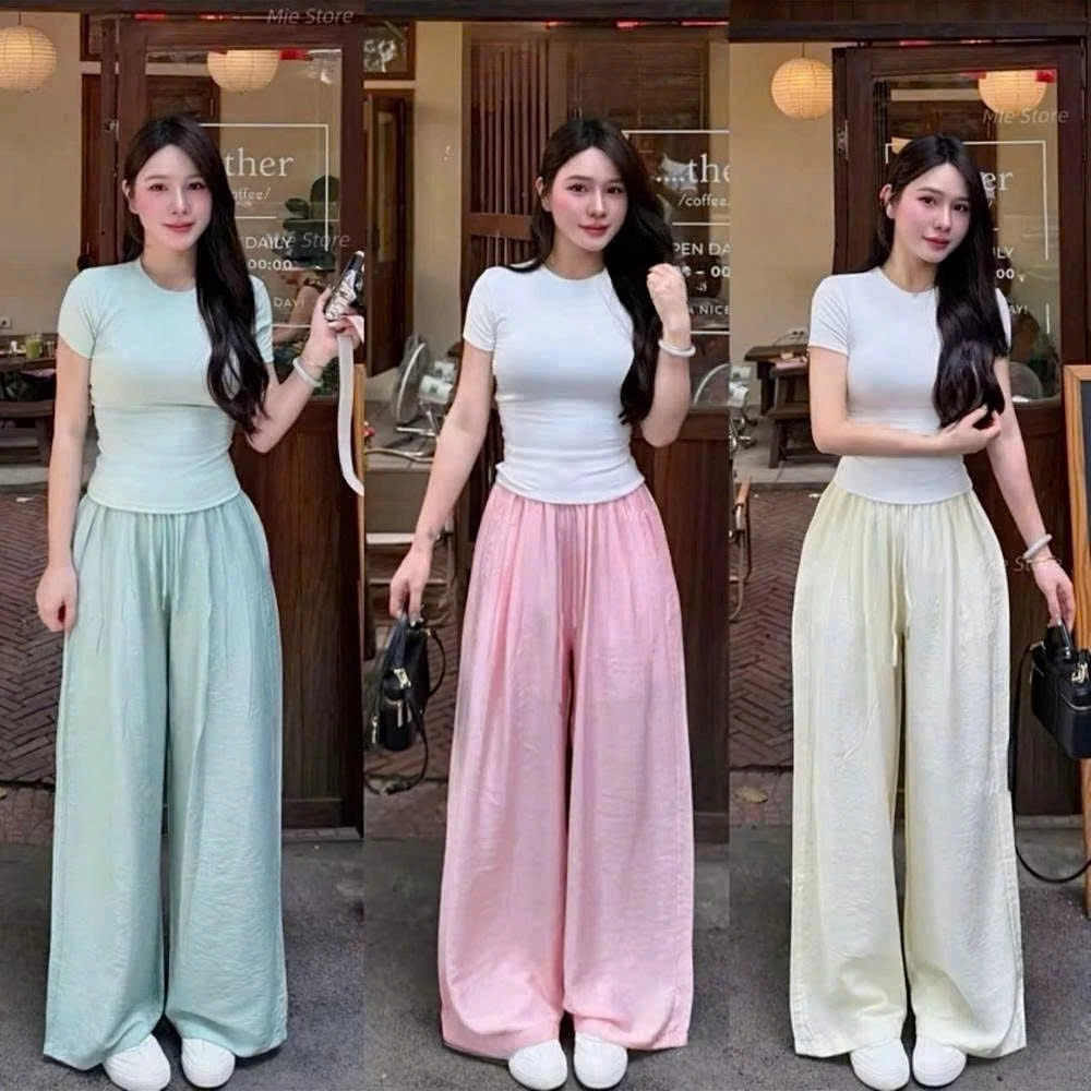Quần Ống Rộng Nữ Vải Line 2 Lớp Đũi Tơ Mềm Mát Quần Ống Suông Nữ Lưng Cao Cạp Chun Có Lót Trong BigSize 23thang9 488