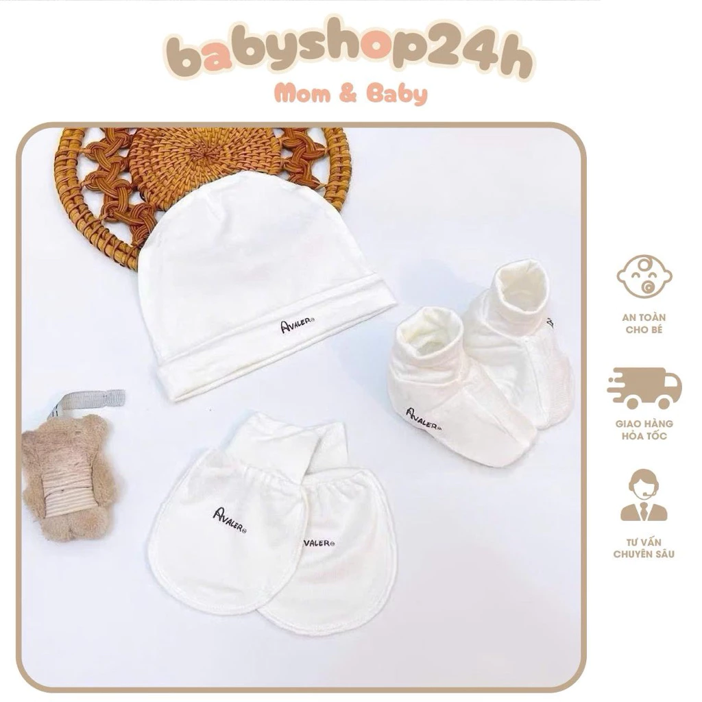 Set Mũ Và Bao Tay Chân Avaler Cho Bé Sơ Sinh Vải Sợi Tre Mềm Mại Nhiều Màu Cao Cấp