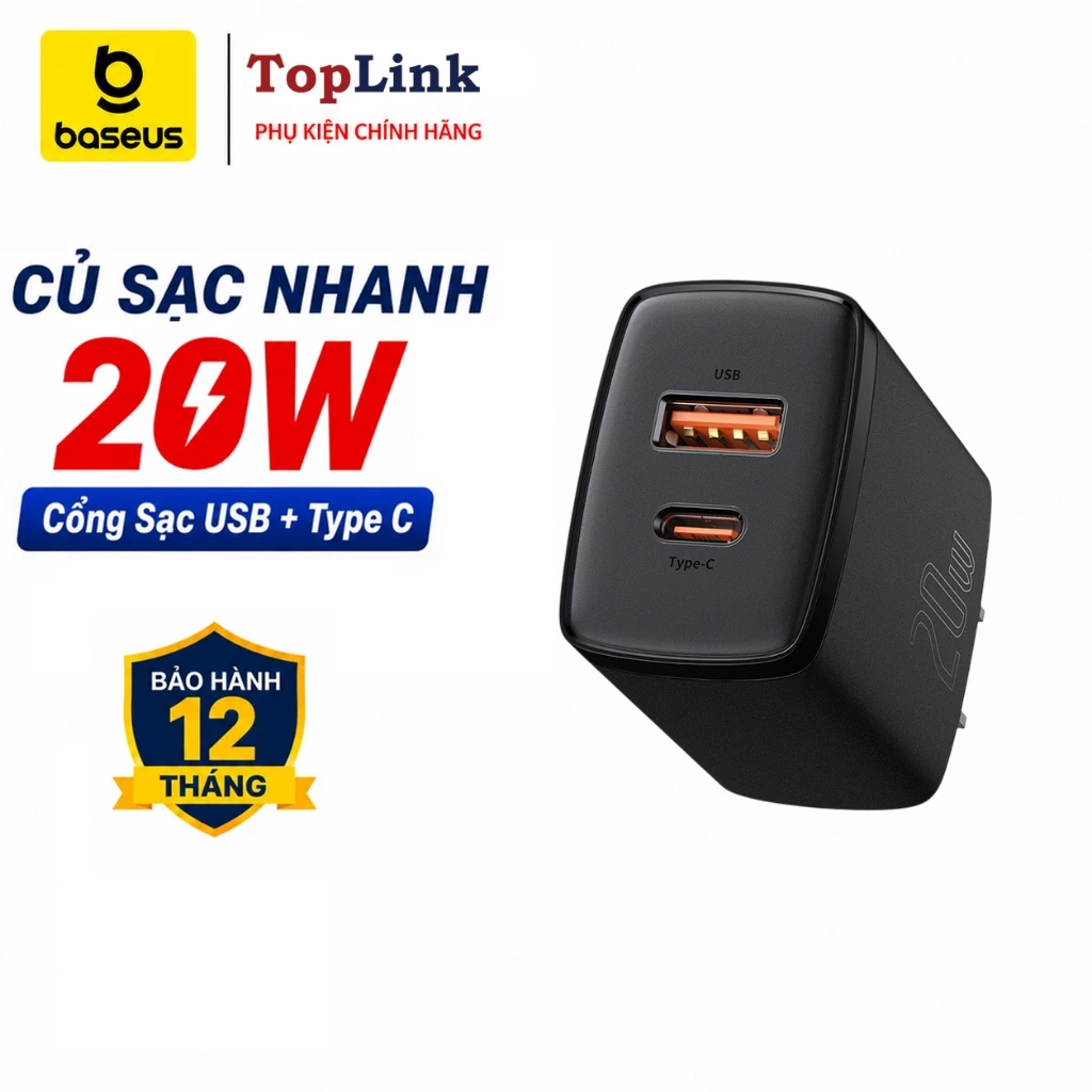 Củ Sạc Nhanh PD 18w 20w Chính Hãng Baseus Cổng USB + Type C Tích Hợp PD/QC 3.0 - TopLink