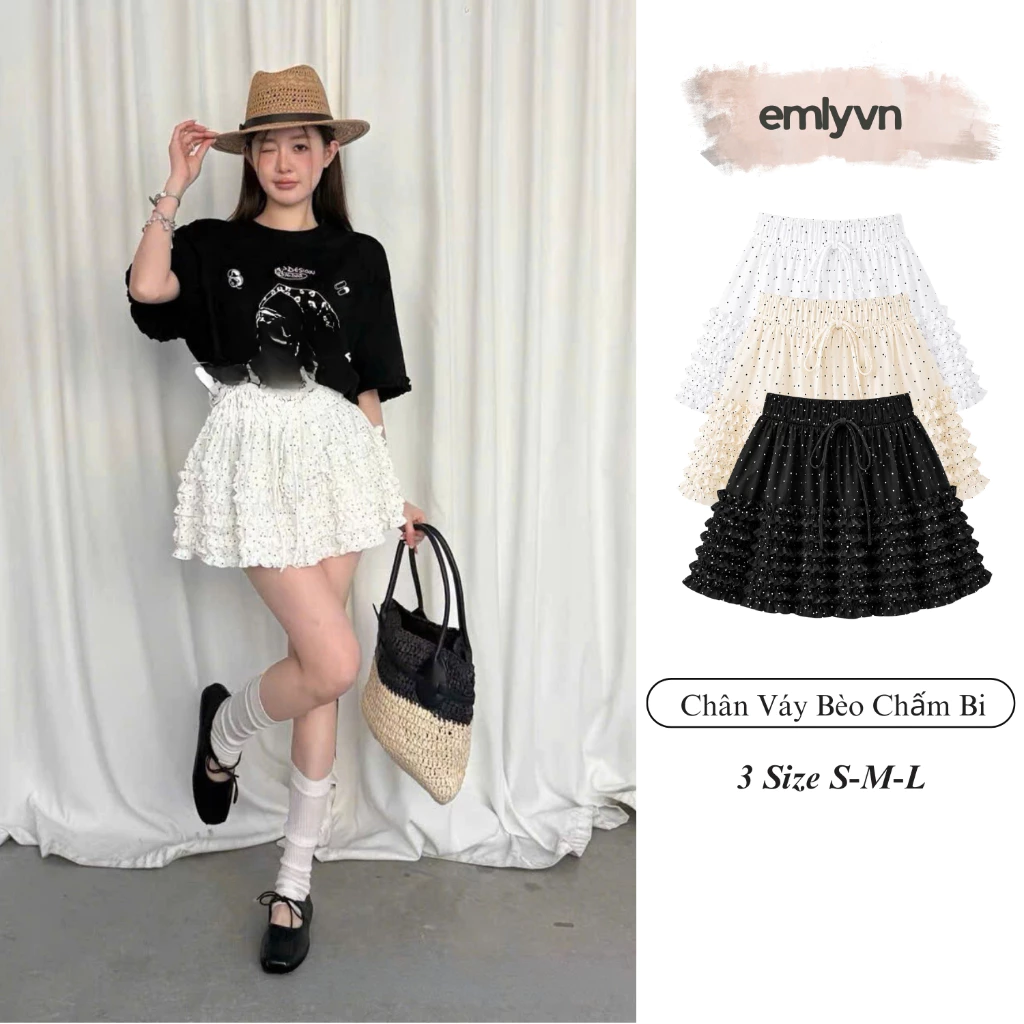 EMLY - Chân Váy Bèo Chấm Bi Nữ Phong Cách Hàn Quốc, Váy Bèo Xòe Mùa Hè Tôn Dáng Dễ Phối Đồ