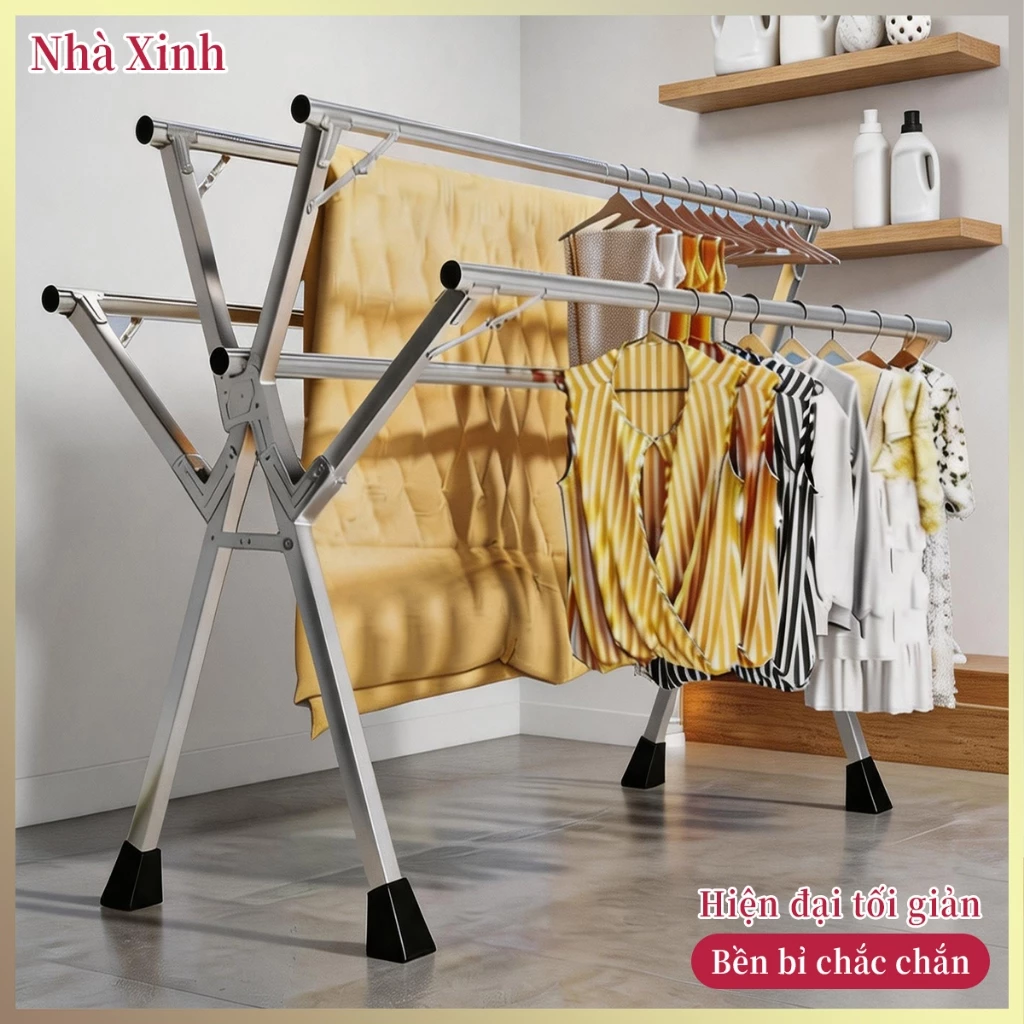 Giá phơi quần áo 5 thanh gấp gọn đứng sàn kéo co giãn trong nhà ban công phòng ngủ ngoài trời phơi chăn mền gia đình