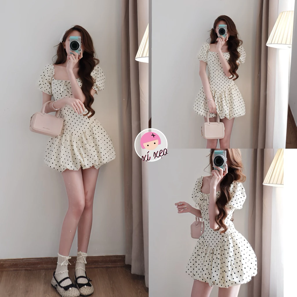 Váy châm bi tay bồng dáng bí cổ vuông chiết eo phong cách hàn quốc xixeoshop - V380