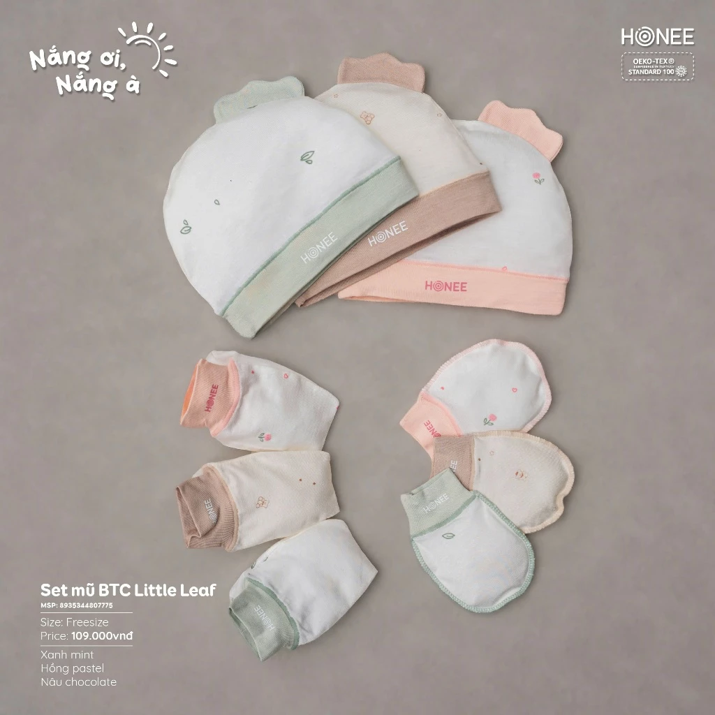 Set Mũ Bao tay Bao Chân HONEE vải hè mỏng mát bé sơ sinh 0-3 tháng