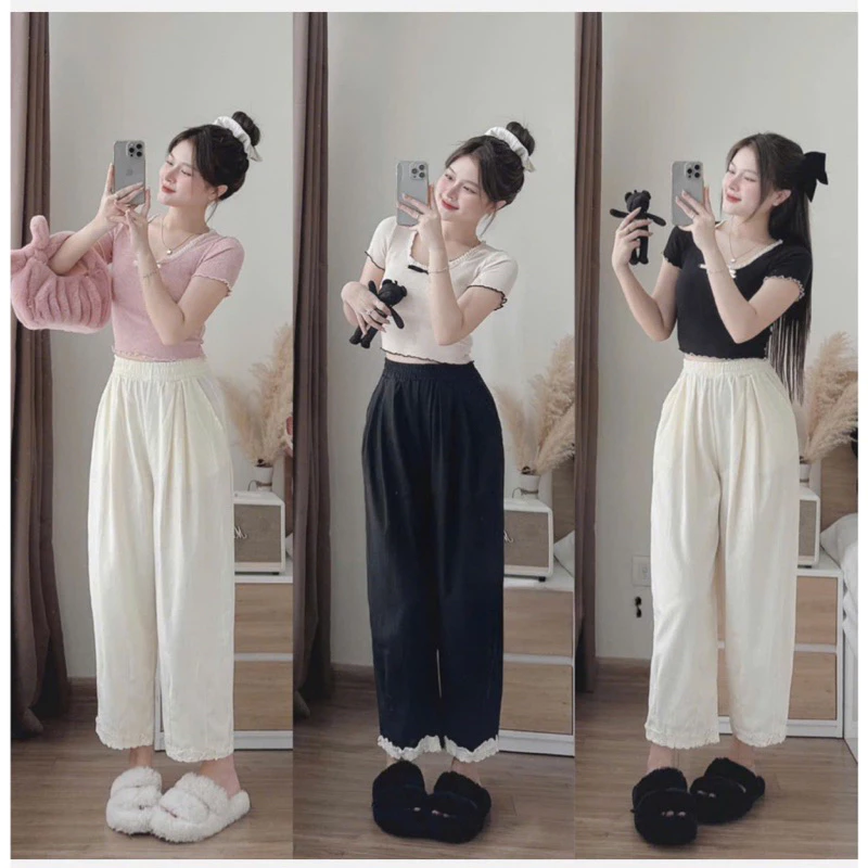 Quần Bom Nữ Dáng Lửng Chất Thô Mềm Gắn Gấu Ren,Quần Nữ Ống Rộng Gắn Ren Cách Điệu