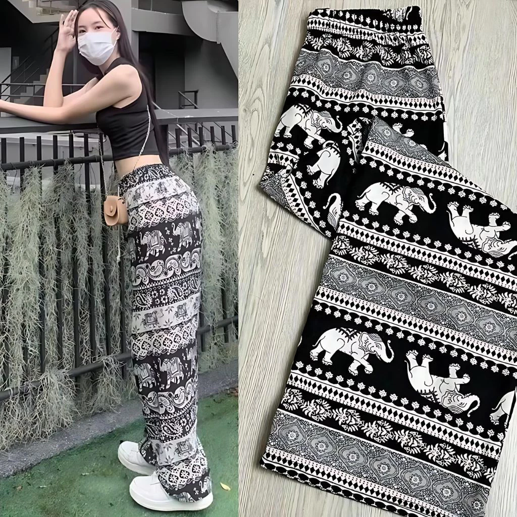 Quần thổ cẩm, ống suôn dài 98 cm, unisex, vải tole lanh Thái,(BIGSIZE 40-65kg)(Nhiều mẫu) WQ103
