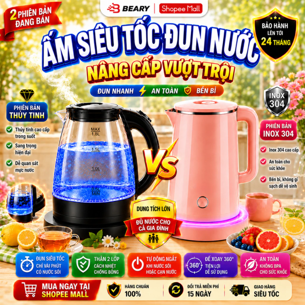 Ấm đun siêu tốc, Bình đun nước thủy tinh siêu tốc 2.5L, inox không gỉ dung tích 1.8L METIS tay cầm chống nóng