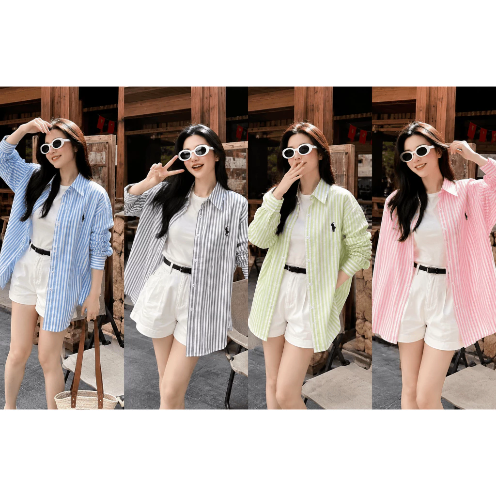 [Tặng đai lưng] Set 3 chi tiết áo sơ mi kẻ thêu ngựa kèm áo 2 dây và quần short kaki trắng đi biển đi du lịch mùa hè