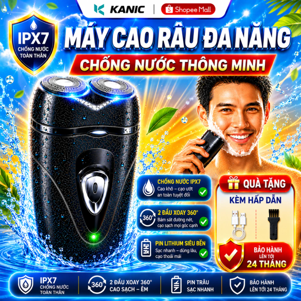 Máy cạo râu sạc pin bỏ túi chống nước thông minh tiện lợi, combo lưỡi dao kép tự làm sắc độ bền cao cực sạch