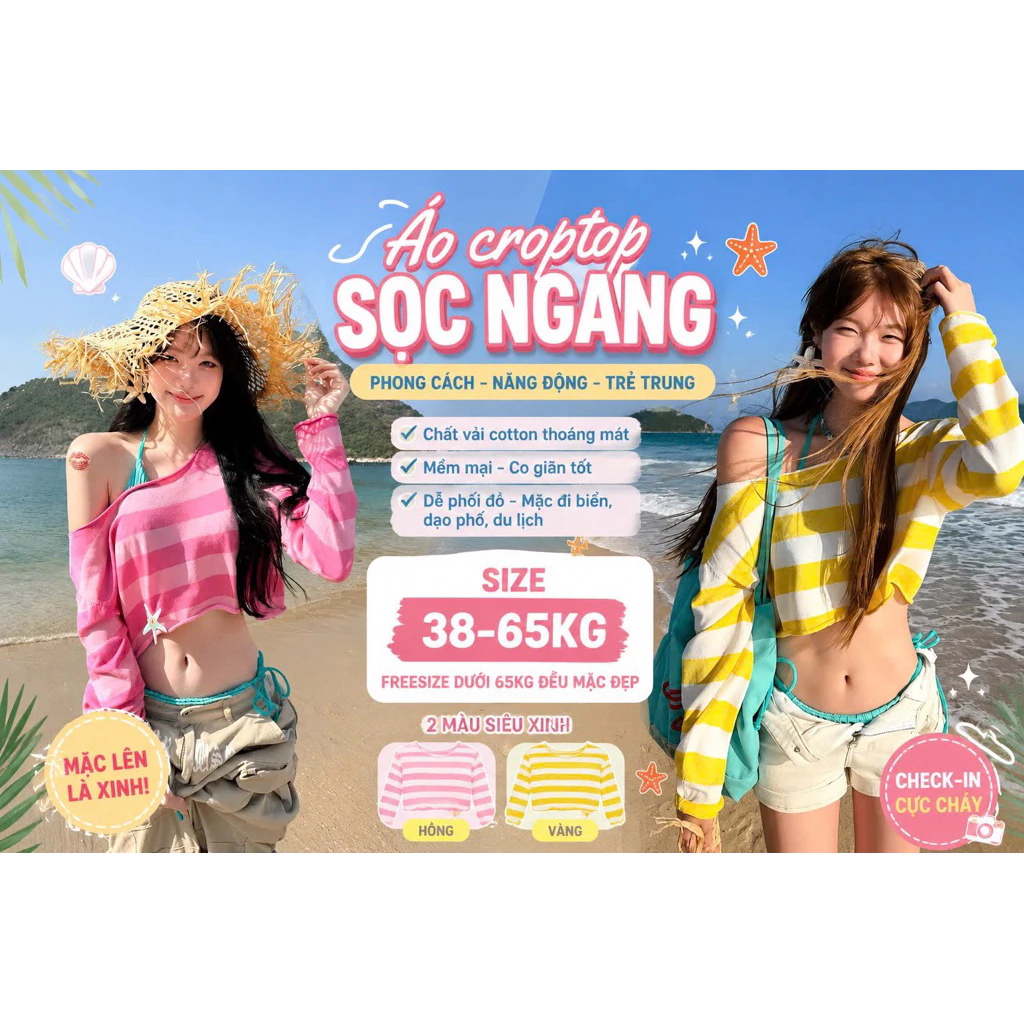 Áo Croptop Trễ Vai Dài Tay Kẻ Ngang Dáng Rộng Đi Biển - Áo Thun Cổ Thuyền Hở Vai Kẻ Sọc - Vải Da cá Tôn Eo Tôn Dáng Y2K