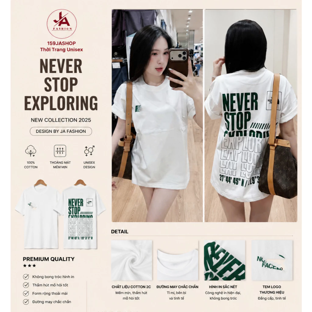 Áo thun form rộng Cotton  nam nữ Cao Cấp đl 260gsmin chữ  Never Stop Exploring –  Unisex hottrend 2026
