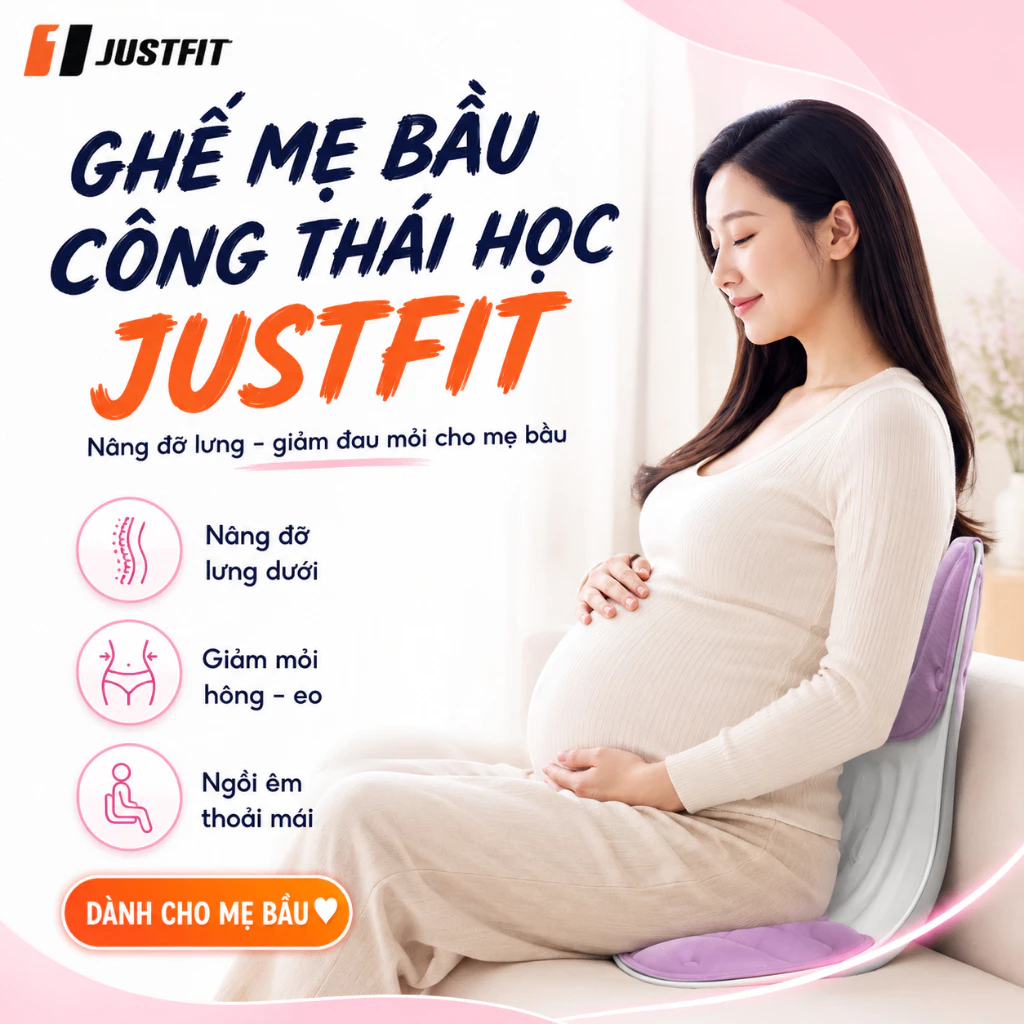 Ghế Công Thái Học Cho Bà Bầu JUSTFIT - Đệm Tựa Lưng Cao Su Non Giảm Đau Mỏi, Hỗ Trợ Mẹ Sau Sinh