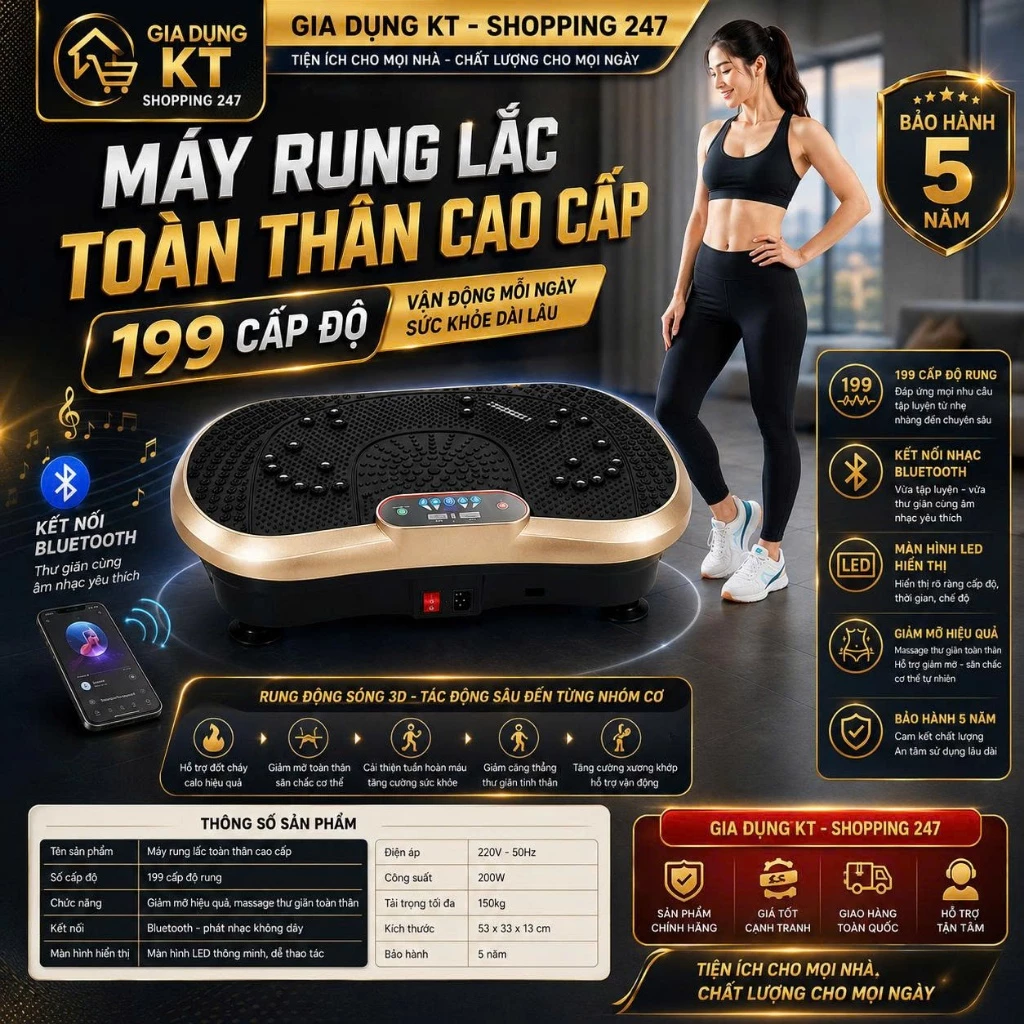 Máy Rung Lắc Toàn Thân 199 Cấp Độ Rung, Máy Tập Thể Dục Tại Nhà Giúp Giảm Cân Hiệu Quả, Kết Nối Nhạc Bluetooth Tiện Lợi