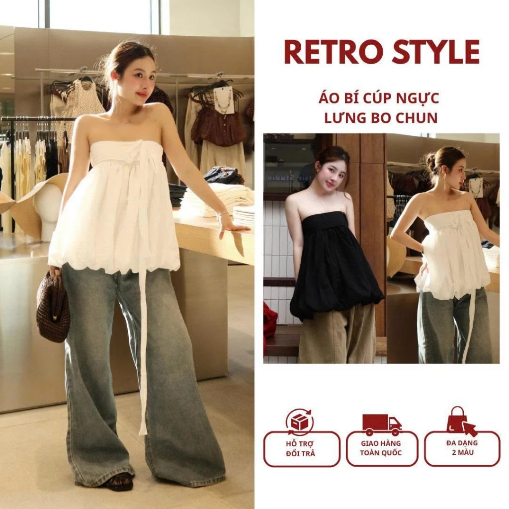 Áo Cúp Ngực Quây Phồng Thắt Nơ retrostyle Áo Bí Cup Ngực Tôn Dáng
