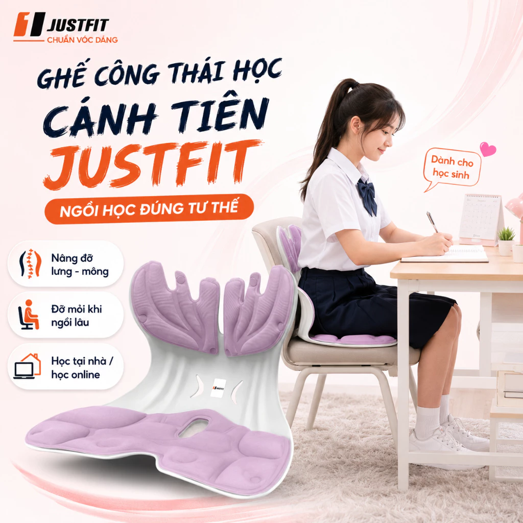 Ghế công thái học JUSTFIT cho học sinh – ngồi đúng tư thế, giảm mỏi lưng, chống gù lưng