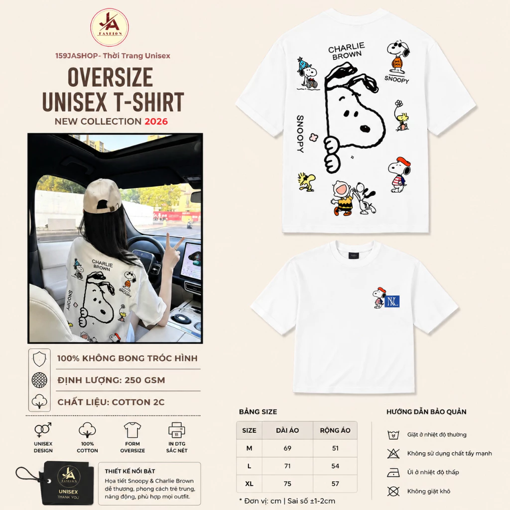 Áo thun form rộng Unisex Snoopy Charlie Brown In Lưng – Cotton 2 Chiều Dày Dặn 250gsm
