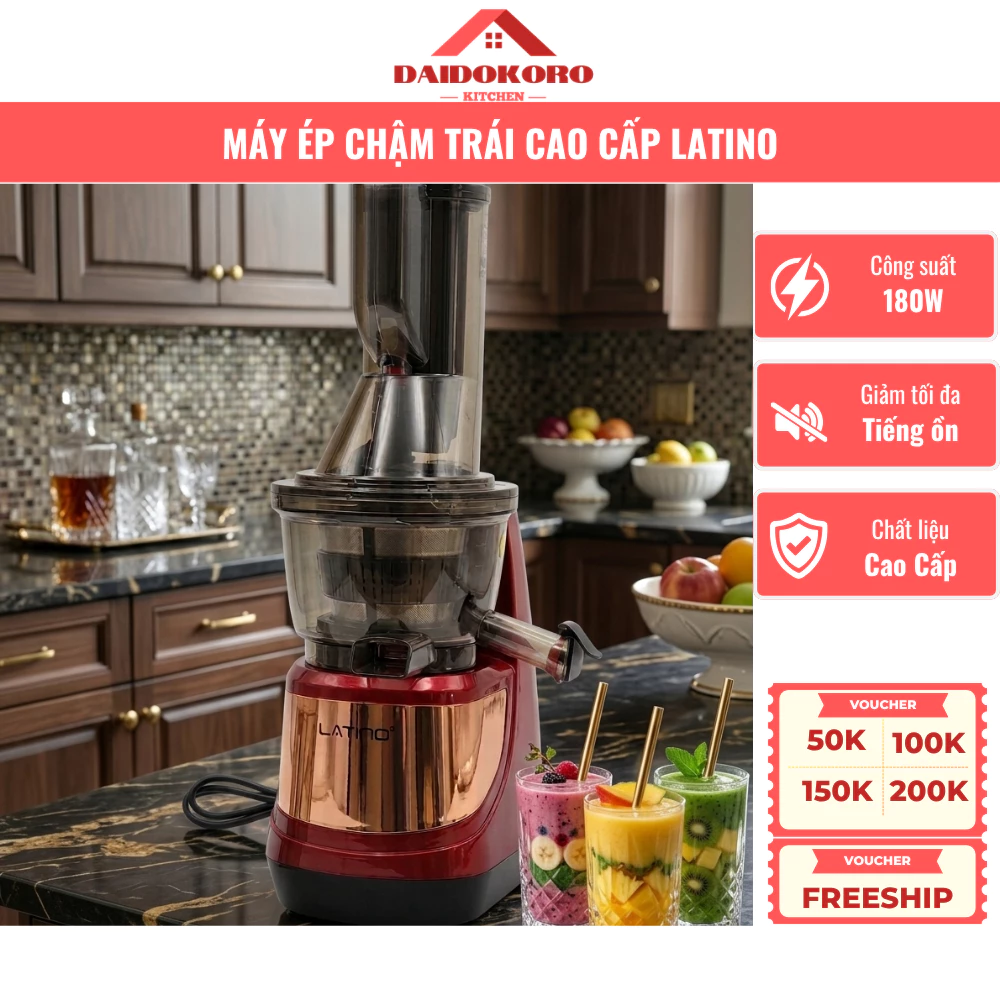 Máy Ép Chậm Cao Cấp LATINO, Giảm Tiếng Ồn, Chất Liệu Cao Cấp, Nặng Tay Chắc Chắn, Động Cơ Lõi Đồng