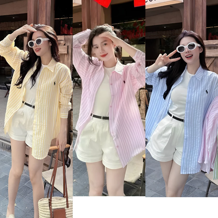 Set 3 Món Nữ Áo Sơ Mi Kẻ Sọc Form Rộng Kèm Áo Hai Dây Và Quần Short Trắng Tặng Dây Lưng Thời Trang Hàn Quốc