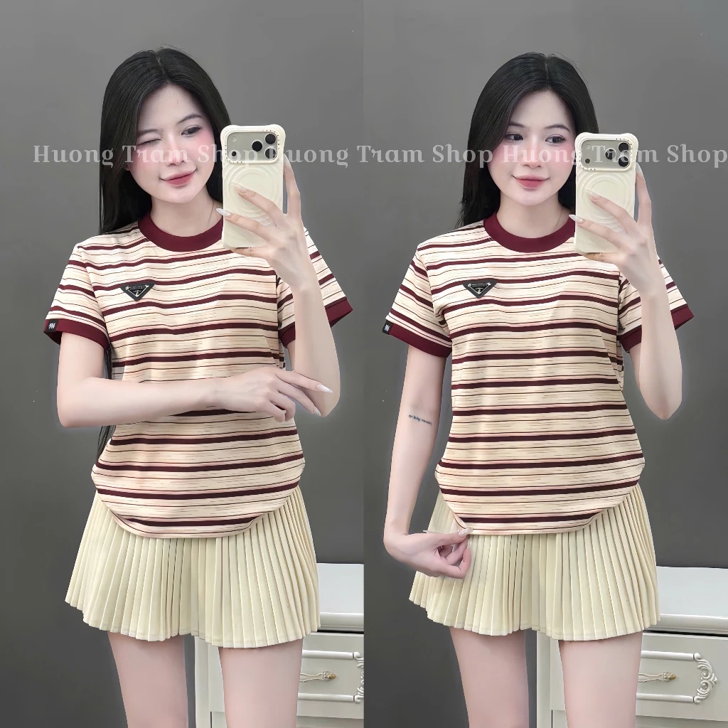 Áo phông nữ kẻ sọc logo from vừa BASIC dễ mặc. Áo thun nữ from vừa chất cotton thoáng mát