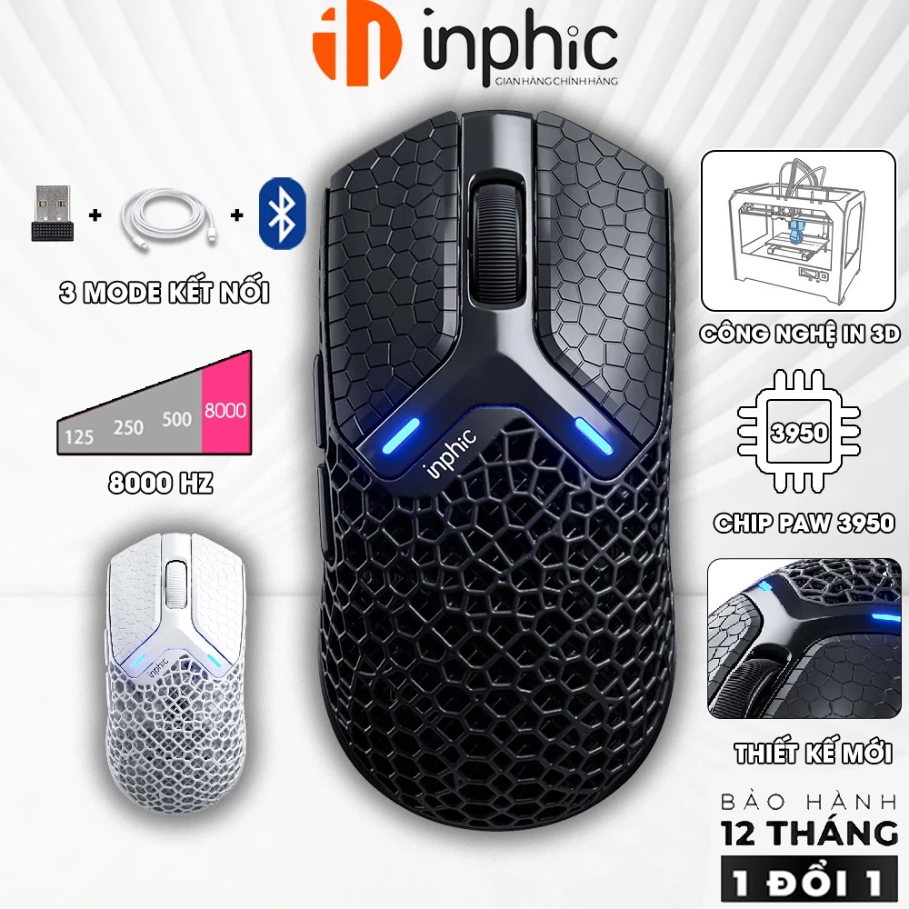 Chuột không dây gaming INPHIC IN10 3D 3 mode bluetooth siêu nhẹ 8000hz chip PAW3950 thiết kế độc lạ pin sạc chơi game
