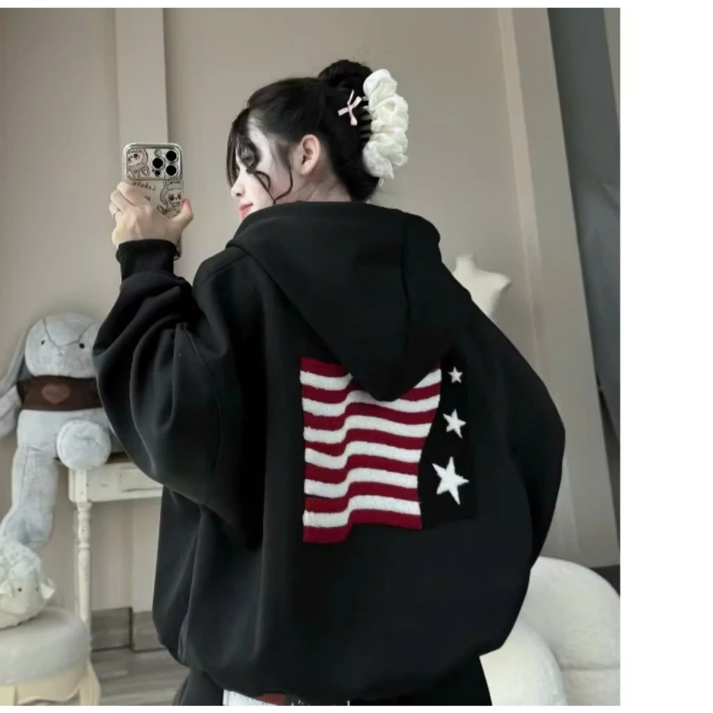Áo Khoác nữ Hoodie Zip USA COTTON LOGO Lá cờ Mỹ Form Boxy Form Rộng Nam Nữ Unisex