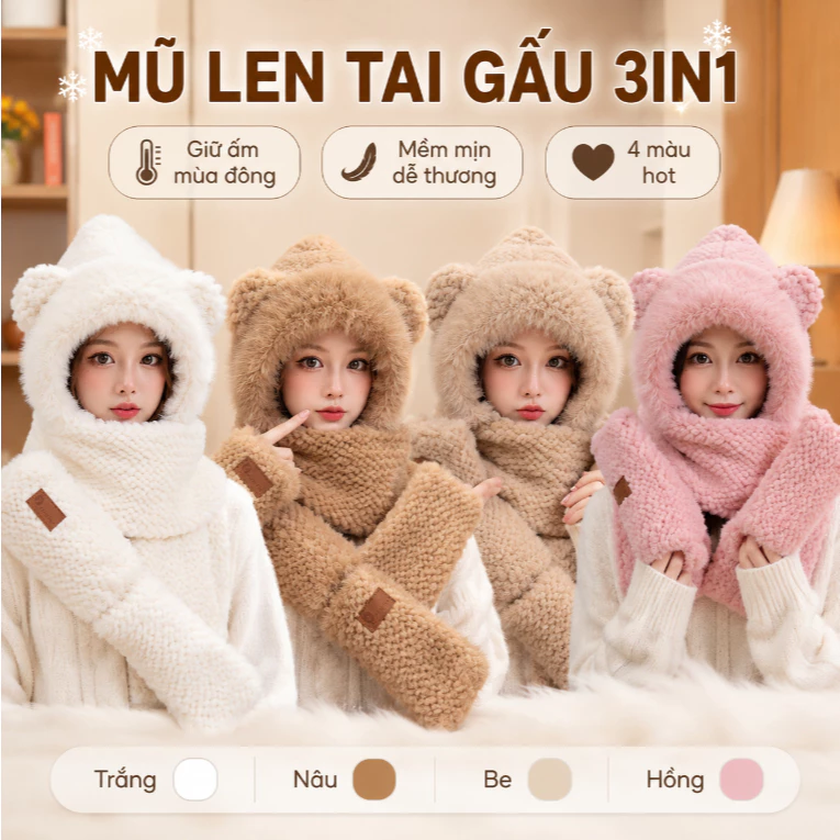 Mũ Len Tai Gấu Nữ Siêu Mềm Không Xơ Cực Ấm Mùa Đông Chất Liệu Cao Cấp Êm Ái Giữ Nhiệt Tốt Đi Học Đi Làm