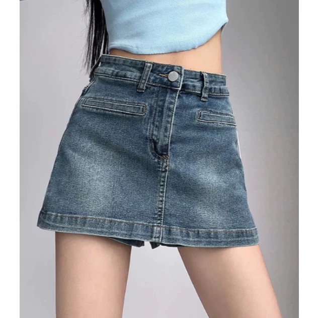 Quần Giả Váy Jean Chữ A Cạp Cao Wash Xanh Hack Dáng CVQ167