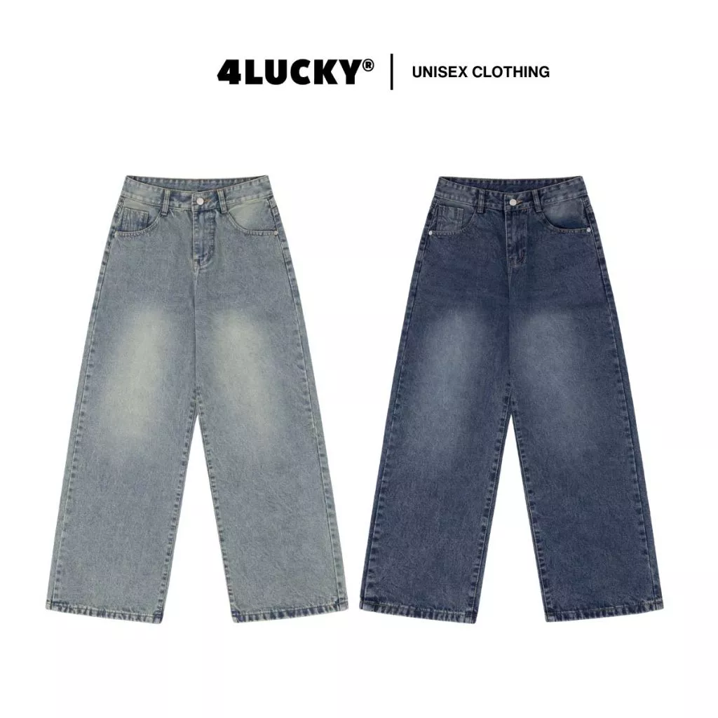 Quần Jean Wash Form Regural Fit Basic Unisex 4Lucky 6240, Quần Chất Denim Phong Cách Vintage Dày Dặn