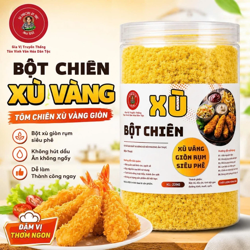Bột Chiên Xù Vàng Hộp 229G - Thương Hiệu Bu Phương Ẩm Thực (Siêu Giòn Rụm)