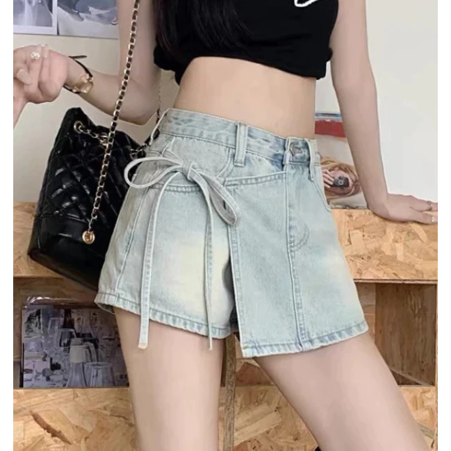 Chân Váy Quần Jean Wash Xanh Dây Buộc Lệch Eo Dáng Chữ A Cá Tính Hàn Quốc QN004