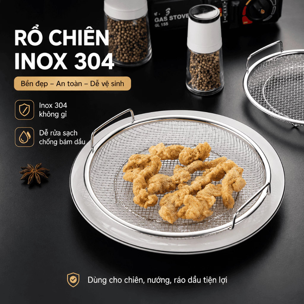 Set Khay Inox Tròn Kèm Vỉ Lưới Lọc Dầu Inox 304, Dùng Đựng Thực Phẩm, Rau Củ, Món Chiên Rán Tiện Lợi