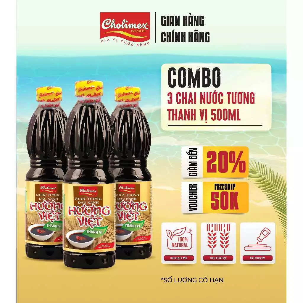 Combo 3 Chai Nước Tương Hương Việt Thanh Vị CHOLIMEX 500ml (Gửi Date 2027)- Thơm Ngon Thanh Nhẹ Phù Hợp Cho Quán Ăn