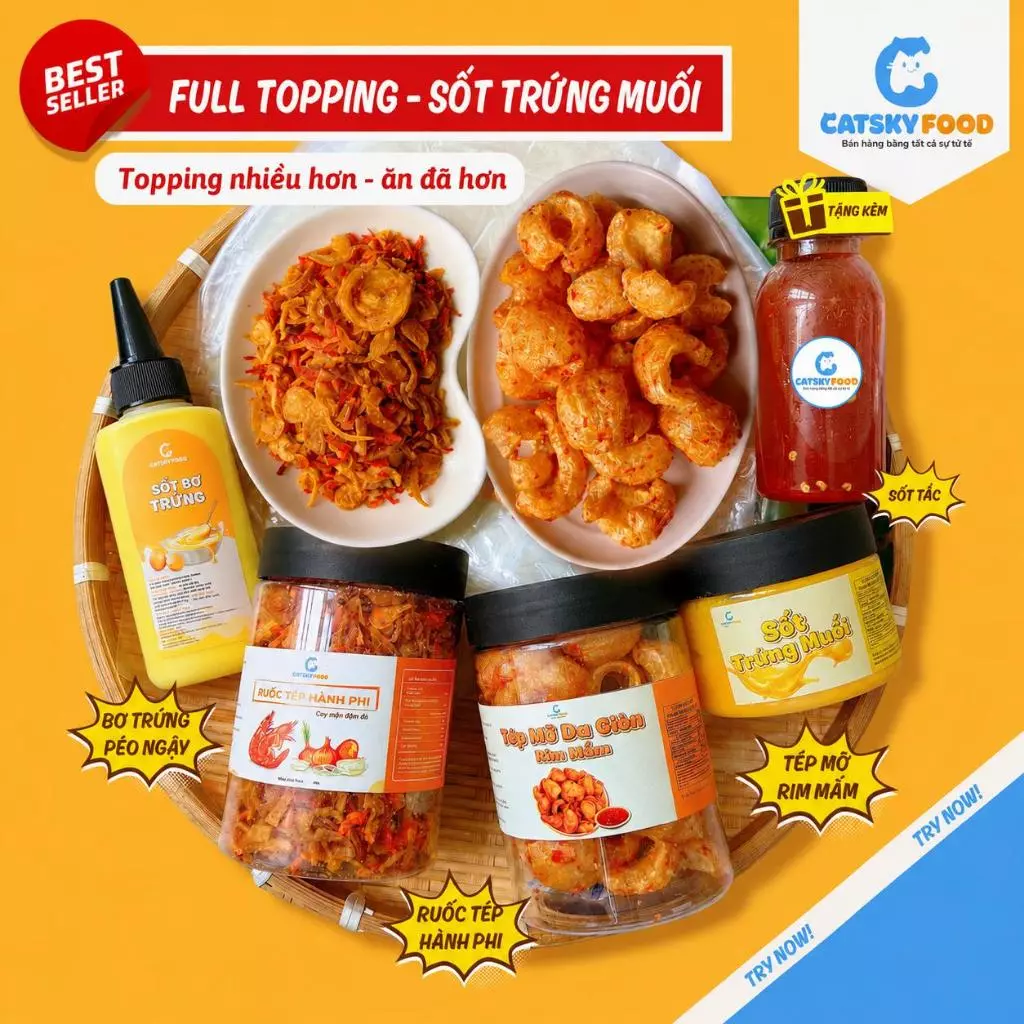 Combo Full Topping Sốt Phô Mai Trứng Muối - Bánh tráng phơi sương Catsky Food đồ ăn vặt tiện lợi
