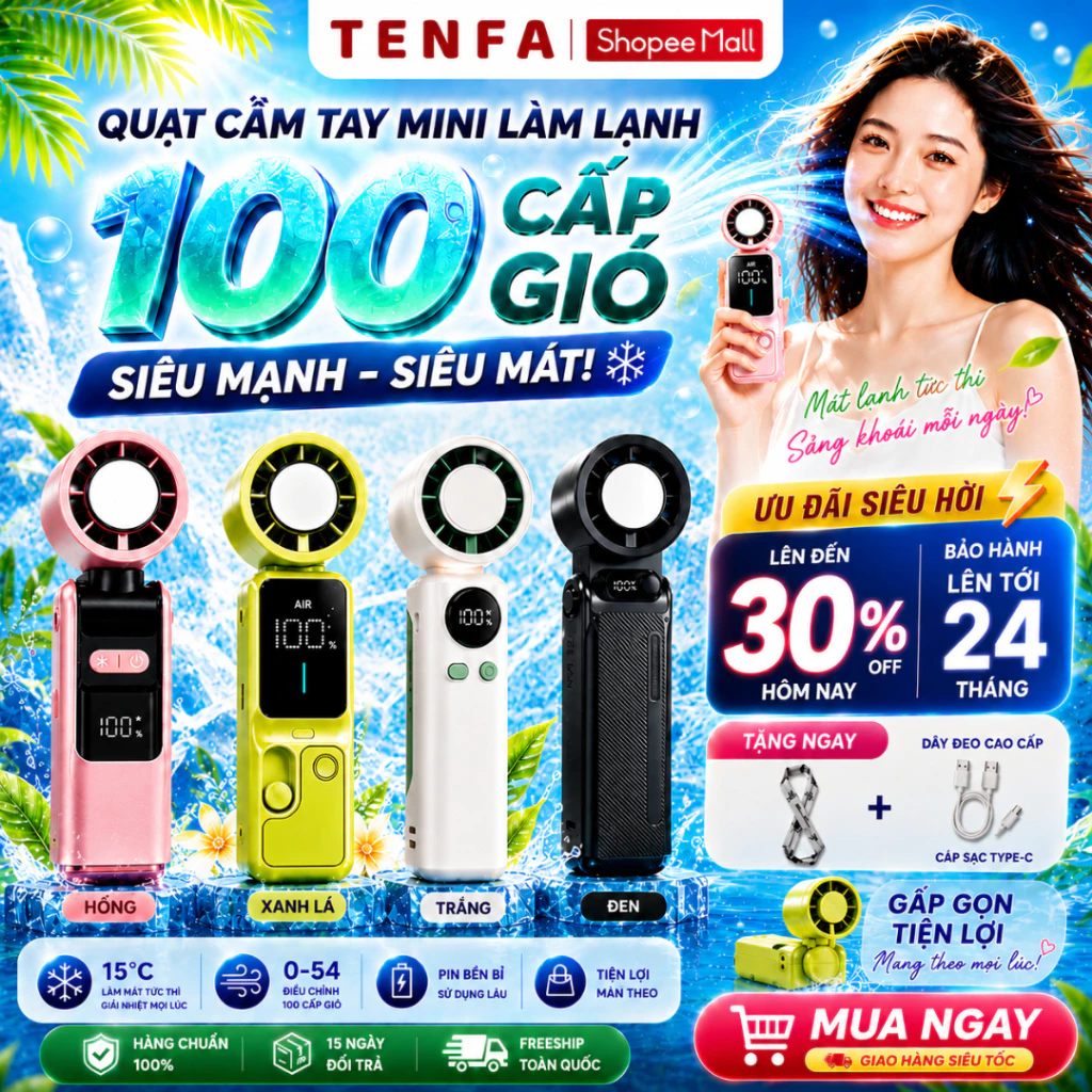 Quạt cầm tay mini tích điện METIS sò lạnh có thể gấp gọn gió mạnh có dây đeo 3000mAh màn hình LED hiển thị