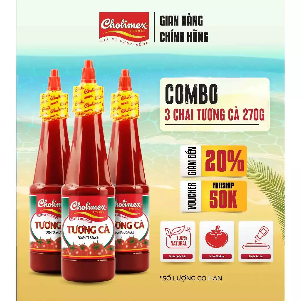 Combo 3 Chai Tương Cà CHOLIMEX 270g ( Hàng Gửi Date Mới Đến 2027) - Hương Vị Chua Ngọt Dịu Nhẹ Từ Cà Chua Tươi