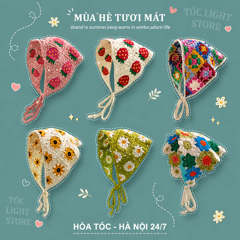 🌸🧶 Khăn Len Turban Tam Giác Đan Tay Đi Biển Nữ Phụ Kiện Tóc Vintage Ngọt Ngào Chụp Ảnh Du Lịch Xuân Hè Thu 🧶🌸
