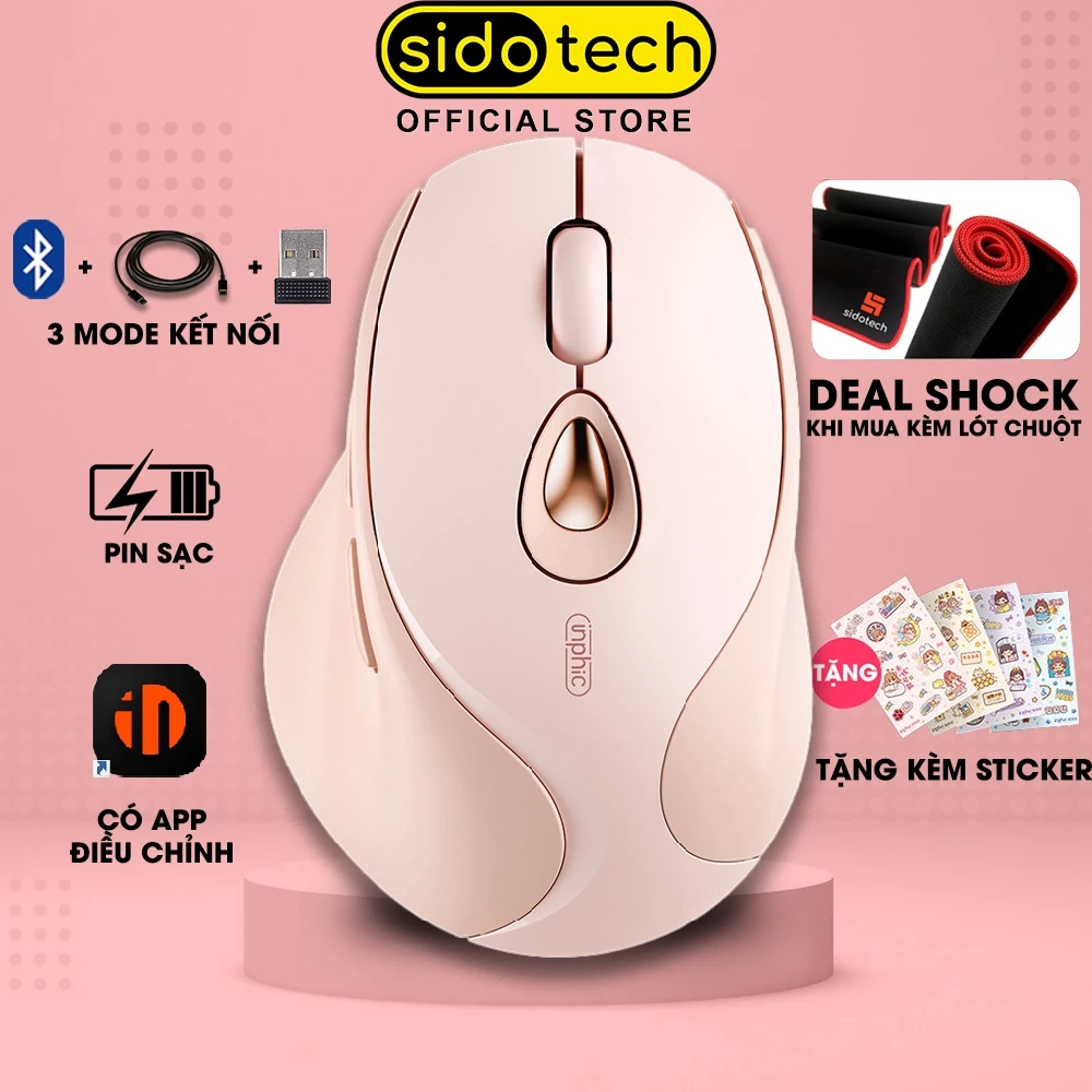 Chuột không dây pin sạc SIDOTECH INPHIC DR8-V3 trà sữa cute gaming silent chống ồn văn phòng 3 mode laptop pc macbook