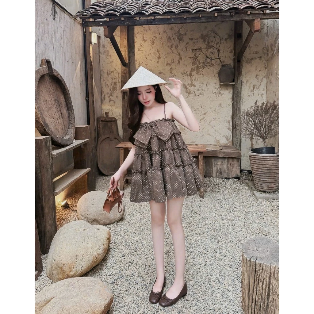 Váy 2 dây chấm bi đính nơ ngực dáng babydoll đầm 3 màu phong cách tiểu thư bánh bèo V44