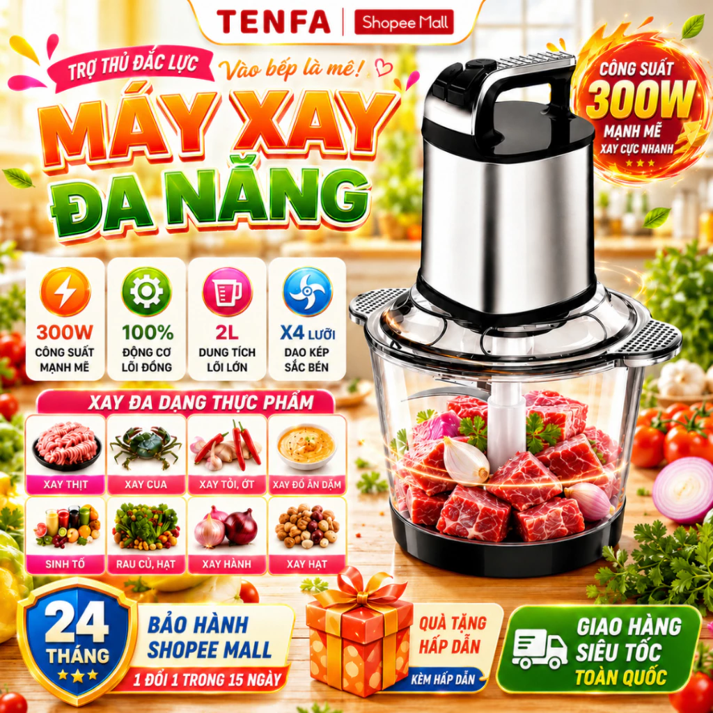 Máy xay thịt đa năng 2L METIS 250W 4 lưỡi dao, xay thực phẩm, cá, tỏi, ớt, combo cối thủy tinh